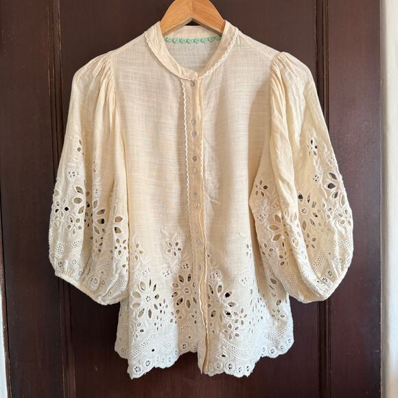 Cream Linen Blend Eyelet Blouson Shirt Scalloped Hem, lace trim | Medium - Picture 1 of 8